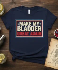 Make My Bladder Great Again text in distressed red, white, and blue design on a navy t-shirt