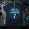 Make My Femur Great Again quote on a navy blue t-shirt with a glowing blue circuit design and a femur