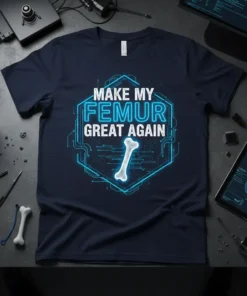 Make My Femur Great Again quote on a navy blue t-shirt with a glowing blue circuit design and a femur