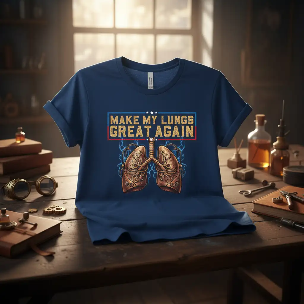 Make My Lungs Great Again slogan with steampunk lungs graphic on navy t-shirt