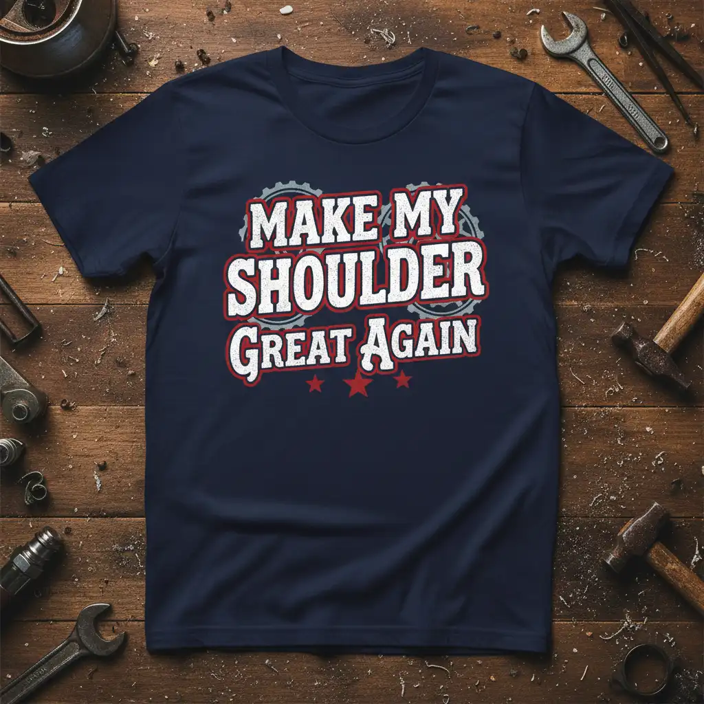 Make My Shoulder Great Again quote design with gears and stars on a navy shirt