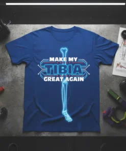 Blue t-shirt with "Make My Tibia Great Again" text and a glowing blue tibia graphic