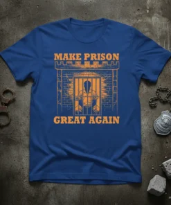 Make Prison Great Again text with prisoner graphic on blue t-shirt, political statement design