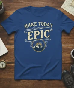 Blue t-shirt with "MAKE TODAY EPIC" text and a mountain landscape graphic, promoting adventure and motivation