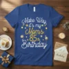 Make Way it's my Mom's 85th Birthday text with golden glitter and festive balloons on a royal blue t-shirt