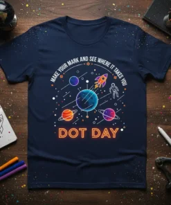 Dot Day t-shirt with "Make Your Mark And See Where It Takes You" quote, featuring planets, astronaut, and rocket ship