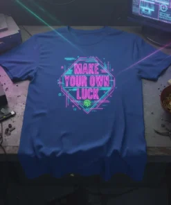 Make Your Own Luck quote in neon pink and teal lettering on a dark blue t-shirt, featuring a clover emblem