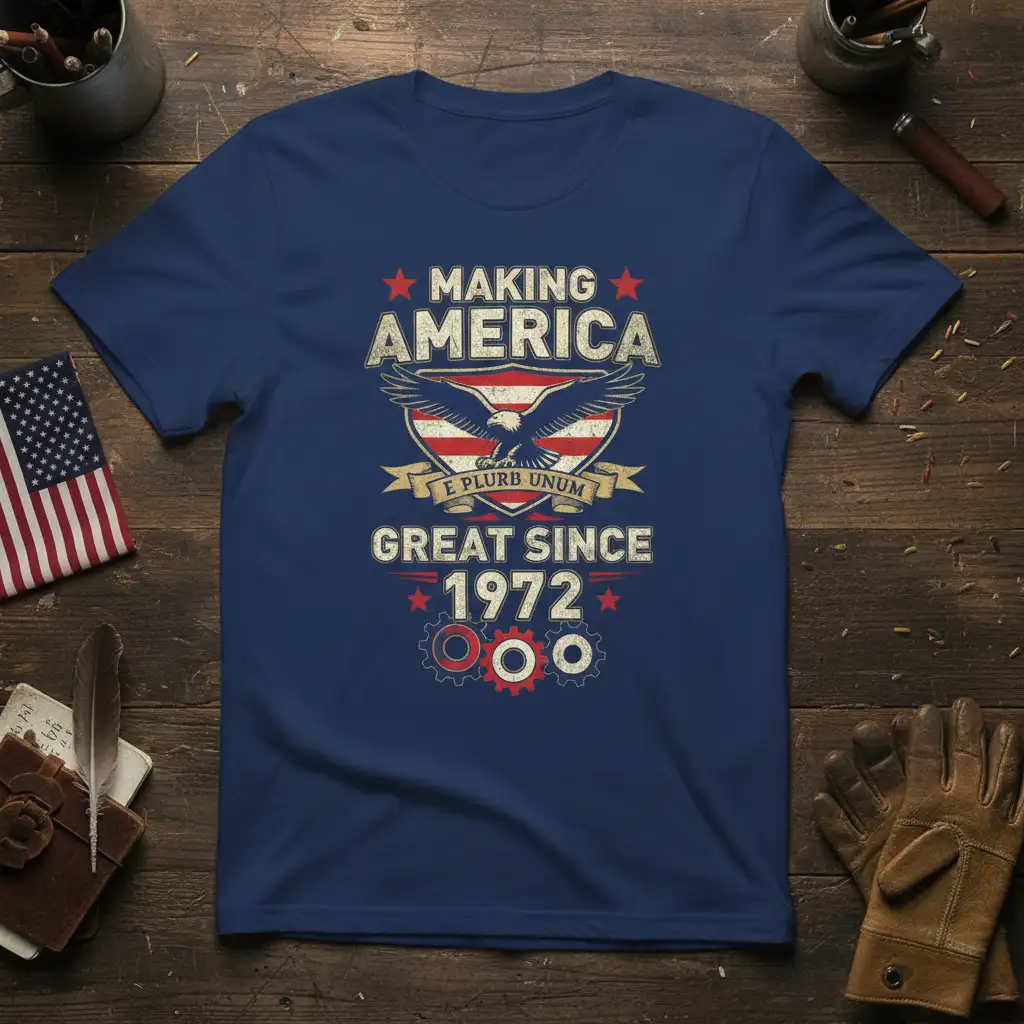 Making America Great Since 1972 patriotic eagle t-shirt design with vintage styling and American flag elements