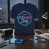 MAKING INSURANCE Sexy quote on a navy blue t-shirt with neon geometric design, modern professional apparel