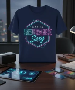 MAKING INSURANCE Sexy quote on a navy blue t-shirt with neon geometric design, modern professional apparel
