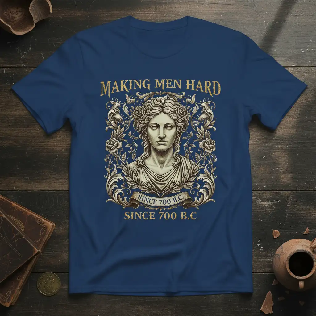 MAKING MEN HARD SINCE 700 B.C. text with classical bust graphic on vintage style t-shirt