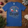 Making Spirits Bright Christmas T-Shirt with Santa and elf graphics, festive snowflakes, and colorful string lights