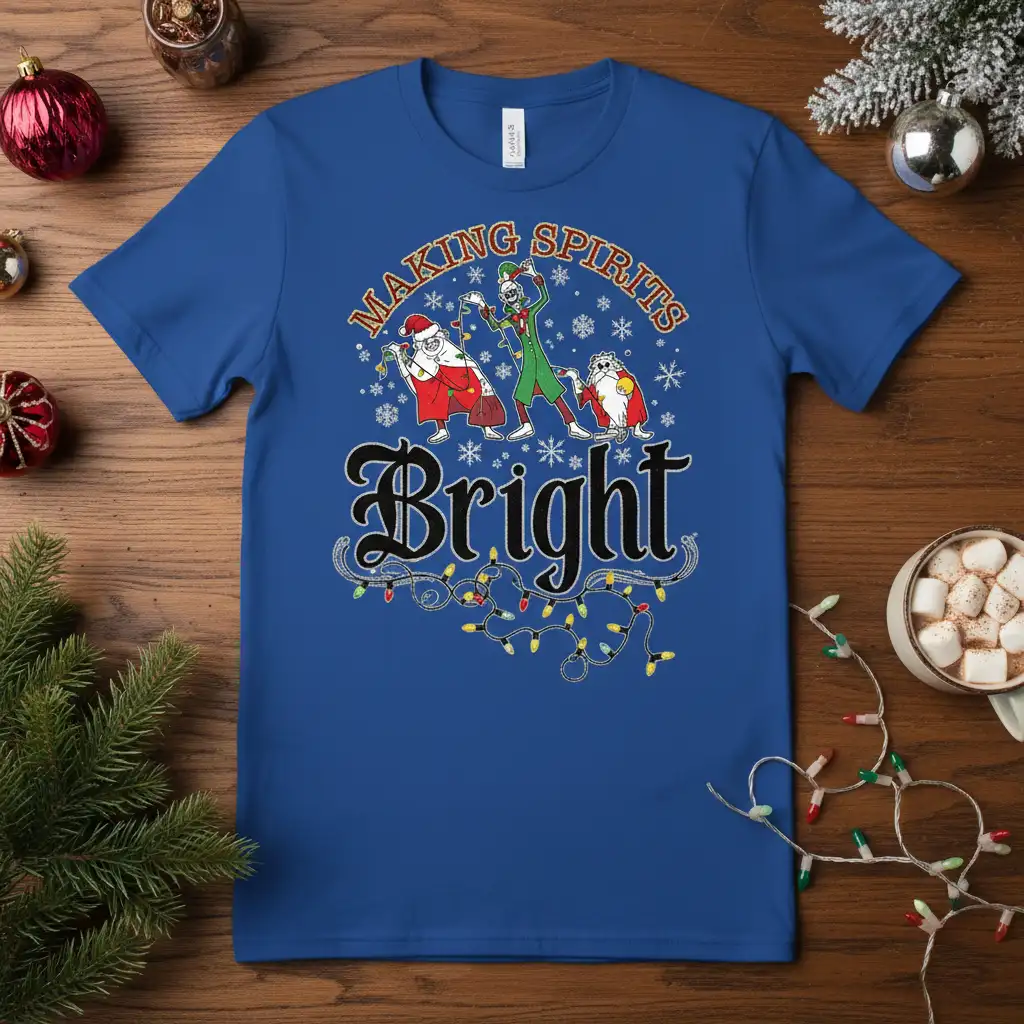 Making Spirits Bright festive Christmas t-shirt design with Santa, elf, snowflakes, and string lights