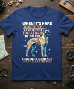 Malinois dog quote t-shirt design featuring text "WHEN IT'S HARD TO LOOK BACK AND YOU'RE TOO AFRAID TO LOOK AHEAD