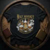 Malt Whiskey t-shirt design with bottles, glasses, and wheat illustration in gold and brown tones