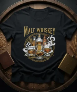 Malt Whiskey t-shirt design with bottles, glasses, and wheat illustration in gold and brown tones