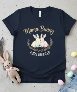 Mama Bunny Baby Bunnies t-shirt design featuring two cute bunnies inside a laurel wreath, with gold and white text