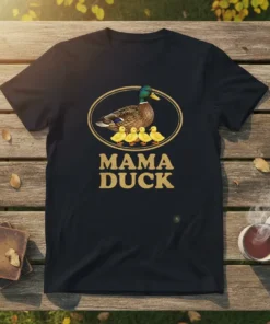 Mama Duck T-Shirt with a mallard and four ducklings inside an oval frame, golden text below
