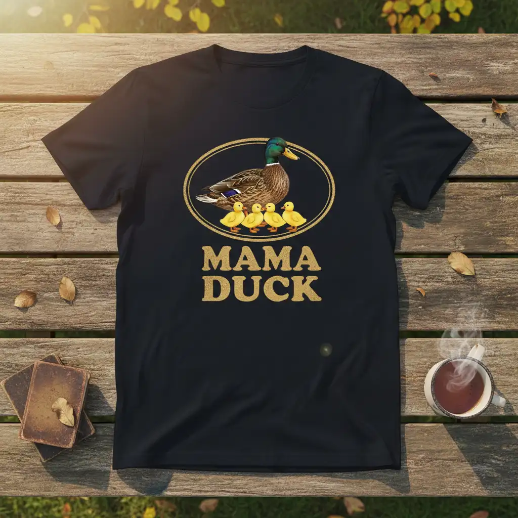 Mama Duck mallard and ducklings graphic tee with golden text, celebrating motherhood and nurturing bonds