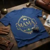 Navy blue t-shirt with gold glitter "Mama Golf Club" text, golf clubs, flag, and golf cart graphic