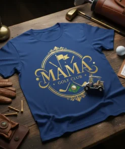 Navy blue t-shirt with gold glitter "Mama Golf Club" text, golf clubs, flag, and golf cart graphic