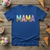 Blue t-shirt with the word "MAMA" spelled out in colorful ice cream cone letters with sprinkles