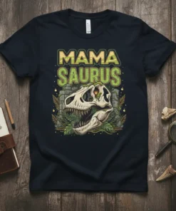 Mama Saurus t-shirt design featuring a T-Rex skull graphic and jungle foliage, with text "MAMA SAURUS" in a distressed font