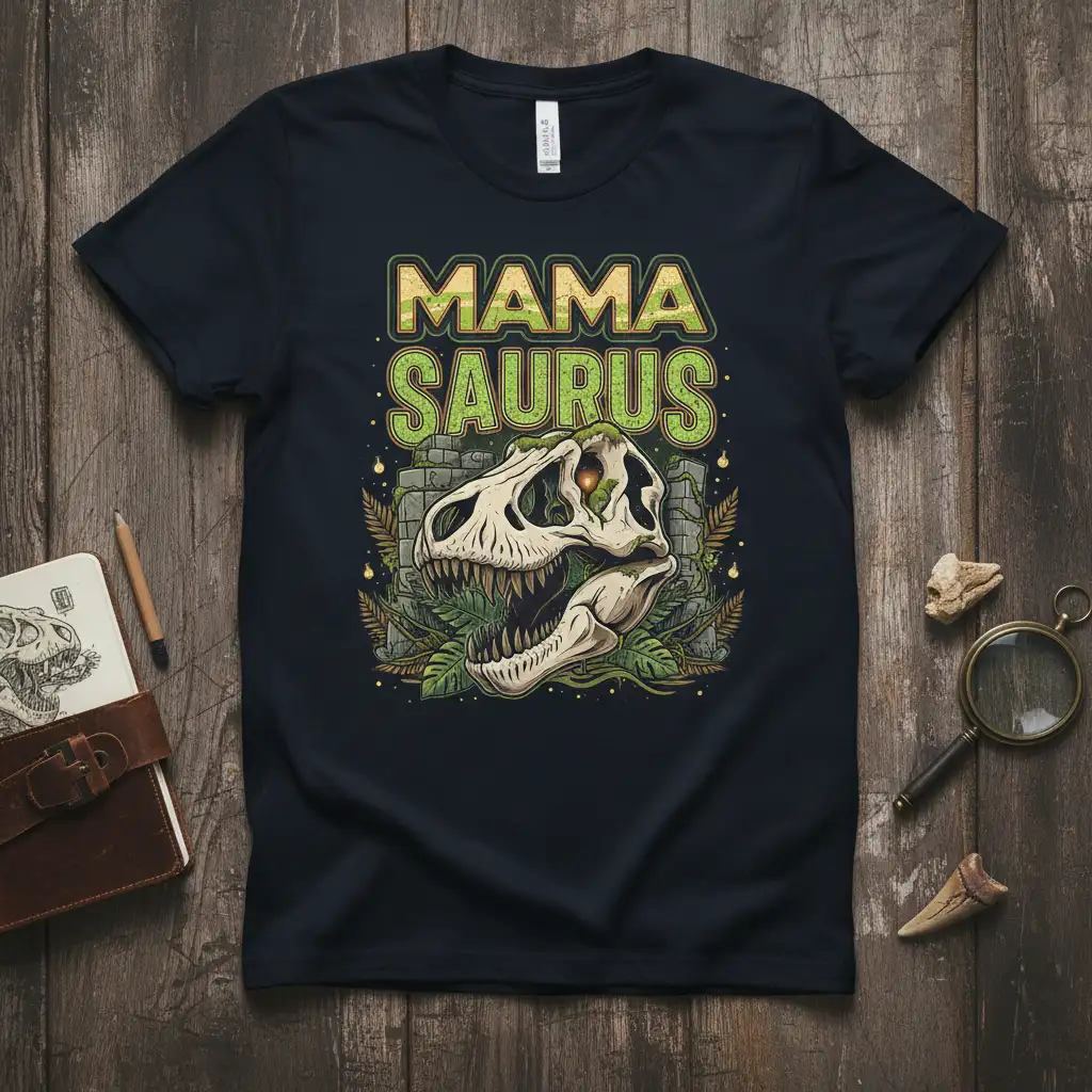 Mama Saurus t-shirt design with a detailed T-Rex skull and jungle elements, perfect for dinosaur-loving moms