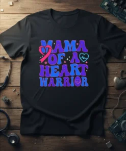 Mama Of A Heart Warrior t-shirt design with retro groovy font and heartbeat graphic