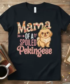 Mama OF A SPOILED Pekingese text with cute illustration of a crowned Pekingese dog on a black t-shirt