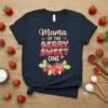 Mama Of The Berry Sweet One text with strawberry graphic on navy t-shirt