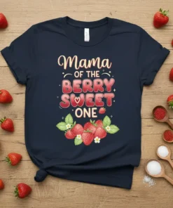 Mama Of The Berry Sweet One text with strawberry graphic on navy t-shirt