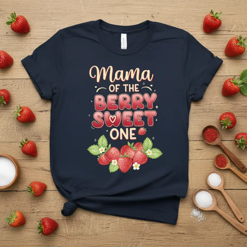 Mama Of The Berry Sweet One quote with strawberries on a navy blue t-shirt design