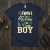 Mama of the Birthday Boy text with golf cart and golf course graphic on a navy t-shirt