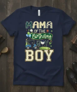 Mama of the Birthday Boy text with golf cart and golf course graphic on a navy t-shirt