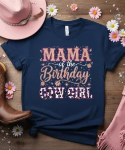 Mama of the Birthday Cow Girl text with cow print and glitter accents on a navy t-shirt, styled with a