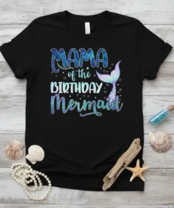 Mama of the Birthday Mermaid text design with a colorful mermaid tail graphic, perfect for a birthday celebration