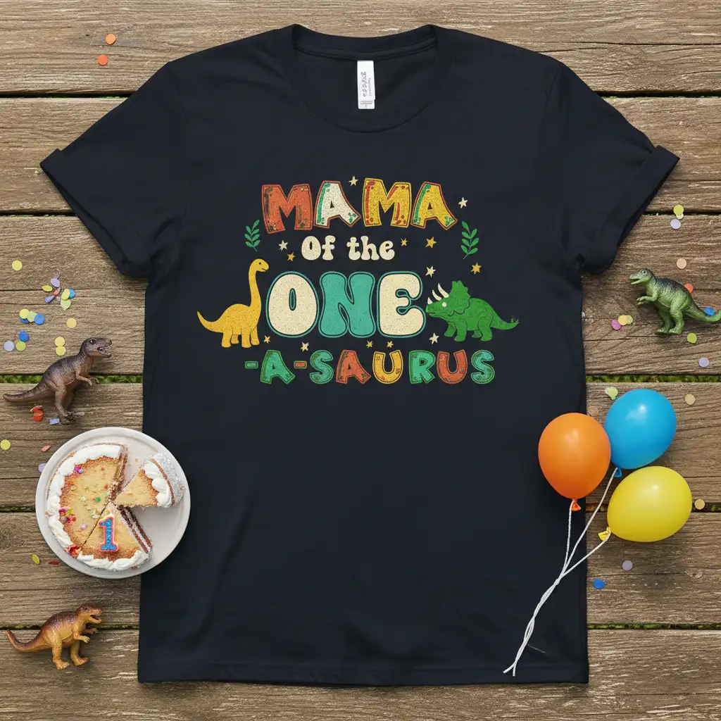 Mama of the One-A-Saurus text with yellow and green dinosaur graphics on a black t-shirt