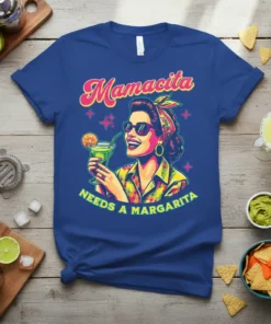 Mamacita Needs A Margarita T-Shirt with retro design of a woman holding a margarita