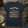 Navy t-shirt with "Mamacita Needs A Margarita" text in glitter gold, featuring three margarita glasses above