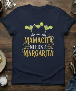 Navy t-shirt with "Mamacita Needs A Margarita" text in glitter gold, featuring three margarita glasses above