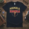 Navy t-shirt with "Mamala Kamala" in gold and red text, a flaming torch graphic, and stars around it