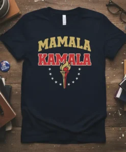 Navy t-shirt with "Mamala Kamala" in gold and red text, a flaming torch graphic, and stars around it