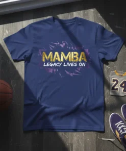 Navy blue t-shirt with gold and purple "MAMBA LEGACY LIVES ON" text, inspired by Kobe Bryant