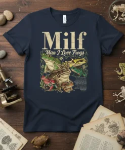 Man I Love Frogs t-shirt design with detailed illustration of various frogs and vintage typography