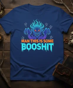 Man This Is Some Booshit t-shirt with a blue ghost skull and flames, surrounded by small white ghosts