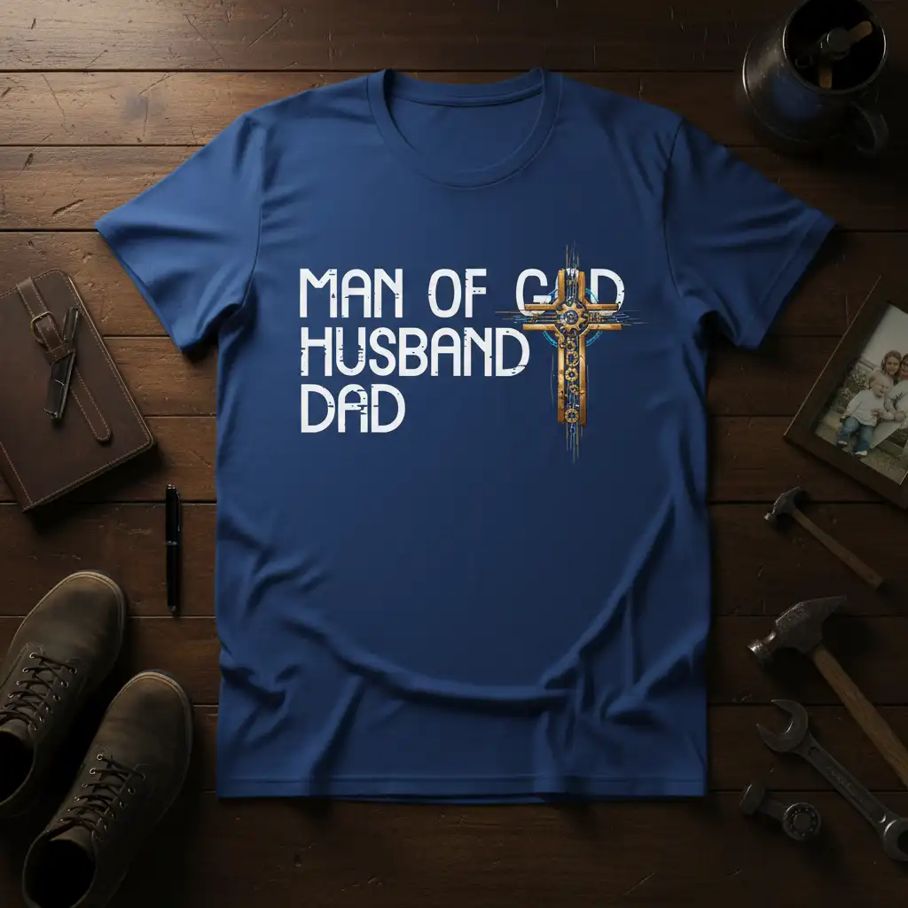 Man of God Husband Dad quote with a detailed golden cross on a navy blue t-shirt
