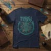 Mandala Feathers T-Shirt featuring intricate turquoise and bronze feather mandala design with text "MANDALA FEATHERS"