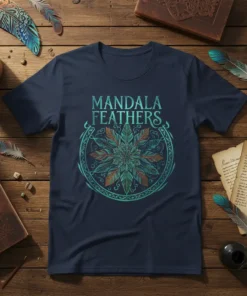 Mandala Feathers T-Shirt featuring intricate turquoise and bronze feather mandala design with text "MANDALA FEATHERS"