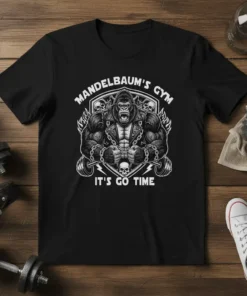 Mandelbaum's Gym It's Go Time t-shirt featuring a muscular gorilla in a leather jacket with chains and skulls